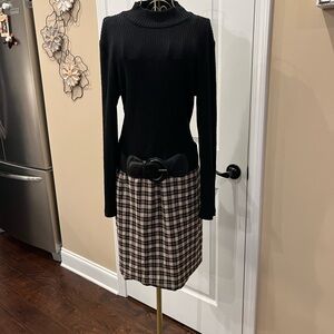 Black and Cream Minimalist Plaid Midi Dress Black Sweater Plaid Skirt One Piece